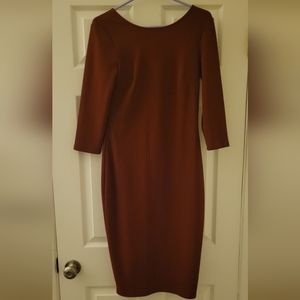 Burgundy long sleeve dress with low cut back and gold zipper from Express